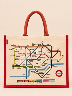 London Underground Map Jute Tote Bag Travel Market Shopper 17”x14”x4”